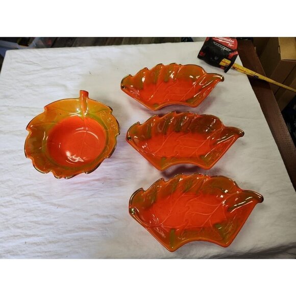 VTG MCM USA CALIFORNIA POTTERY 814 Orange Gold Leaf Dipping Bowl 3 Trays